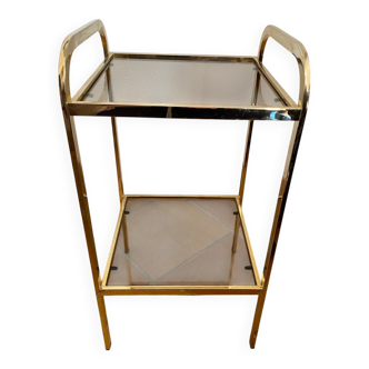 Gold metal and smoked glass console table.