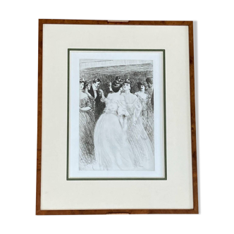 Black ink drawing of people from the Art Nouveau period