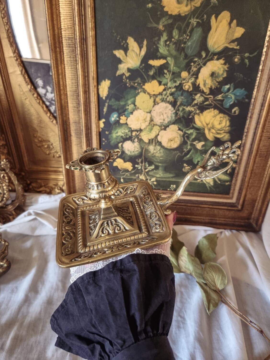 Large bronze hand candle holder