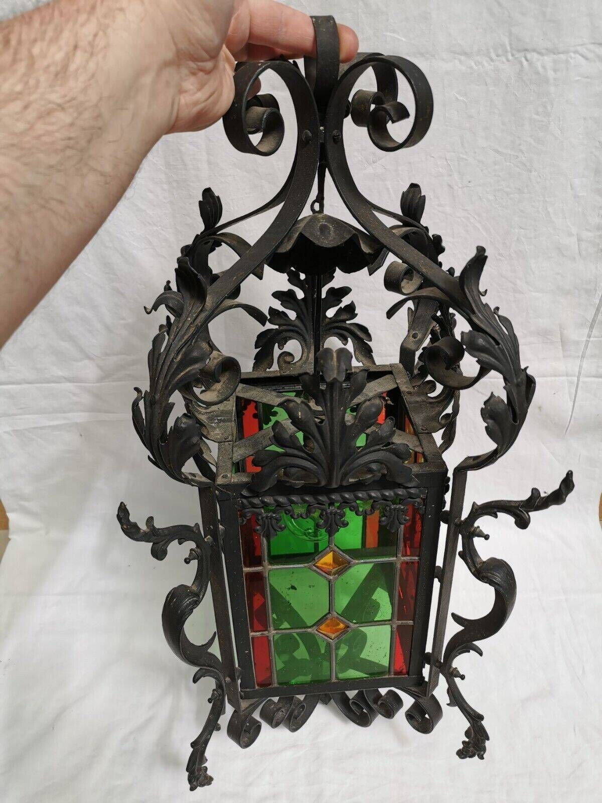 Large old lantern, wrought iron and stained glass. Lamp Chandelier stained glass Entrance