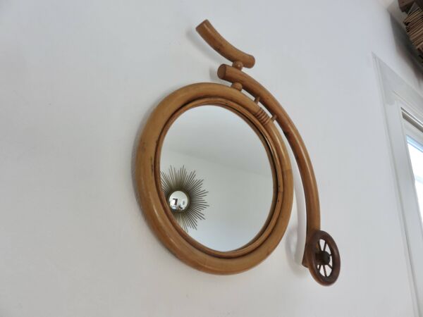 Miroir ''vélo'' en rotin et bambou, 1960-1970