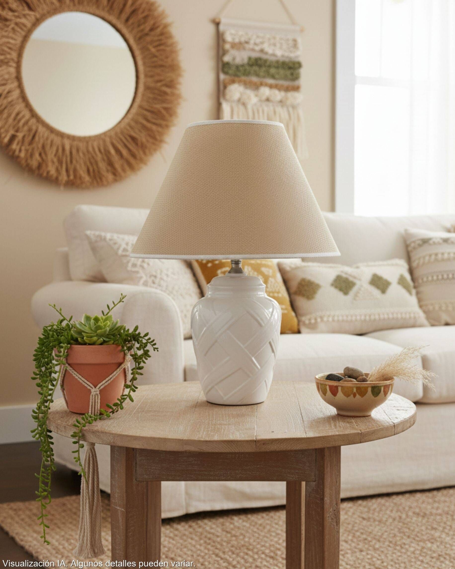 White ceramic lamp base from Manises, intertwined geometric relief.