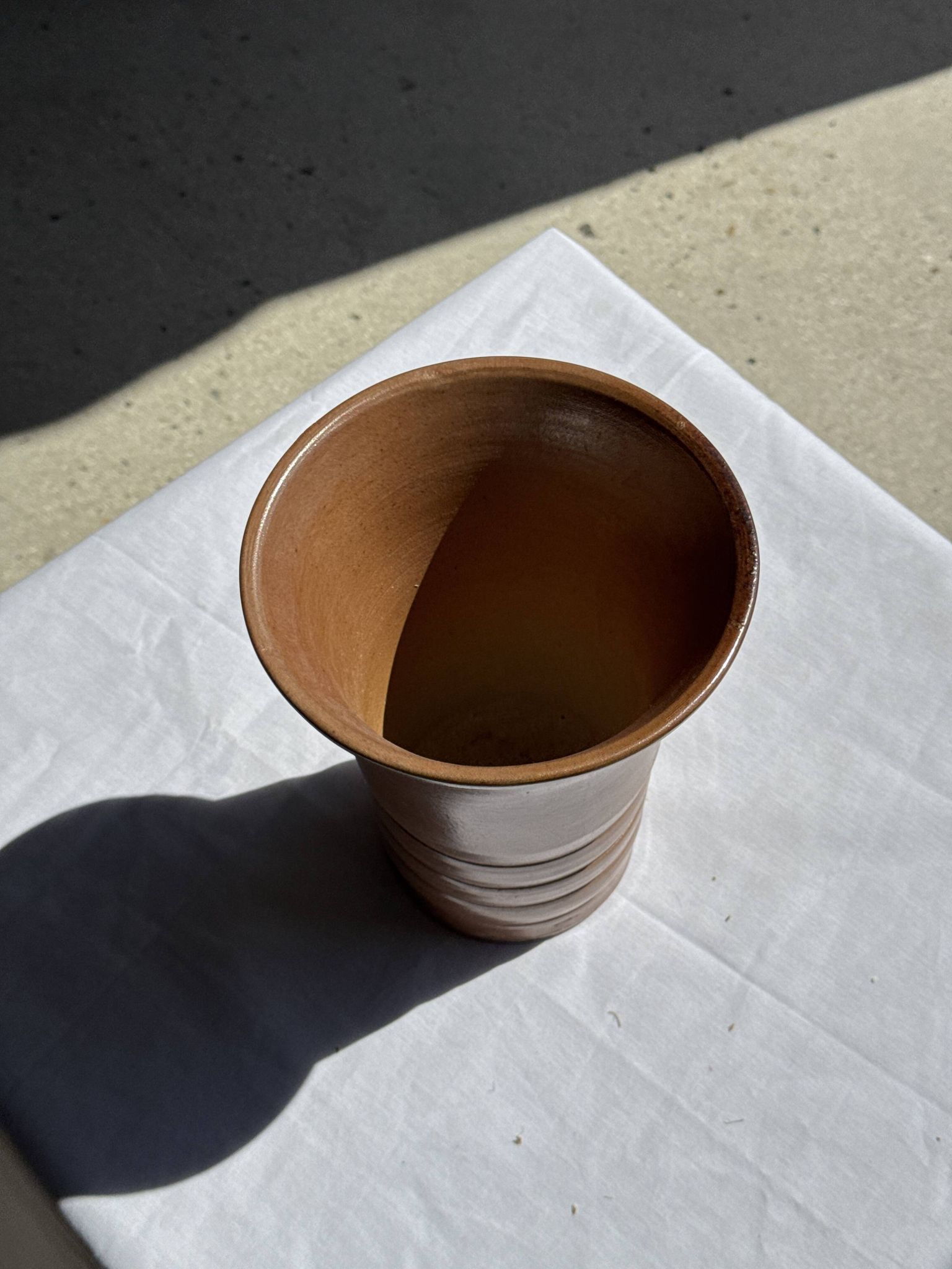 Vintage ceramic vase in glazed brown-orange with stripes H21.5 D19
