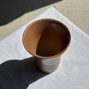 Vintage ceramic vase in glazed brown-orange with stripes H21.5 D19
