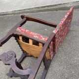 Henri II armchair in solid wood and floral burgundy fabric, 19th century.