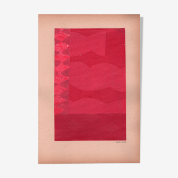 Peinture et collage sur papier ancien - M699 - rose indien - signée eawy