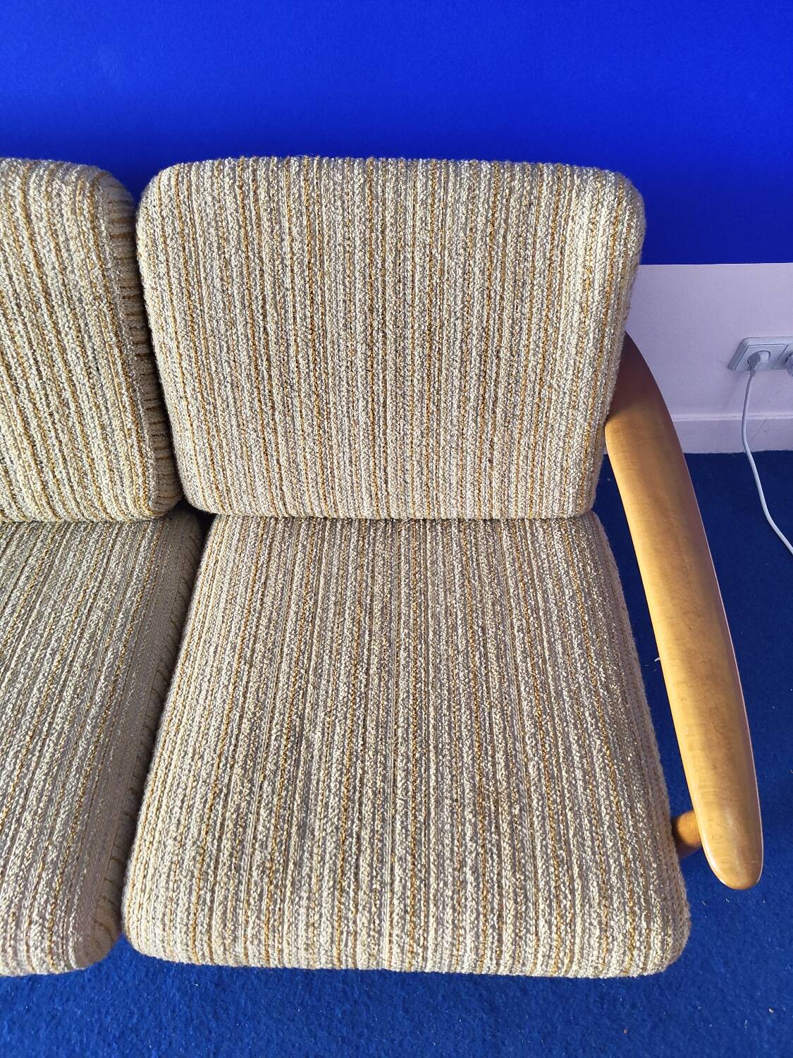 Scandinavian sofa in wood and vintage fabric from the 60s