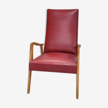 Fauteuil bois et skaï rouge années 50