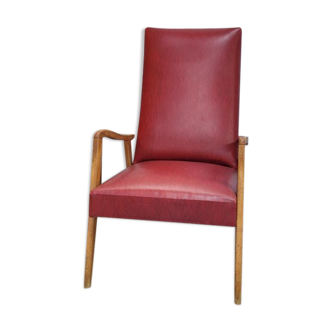 Fauteuil bois et skaï rouge années 50