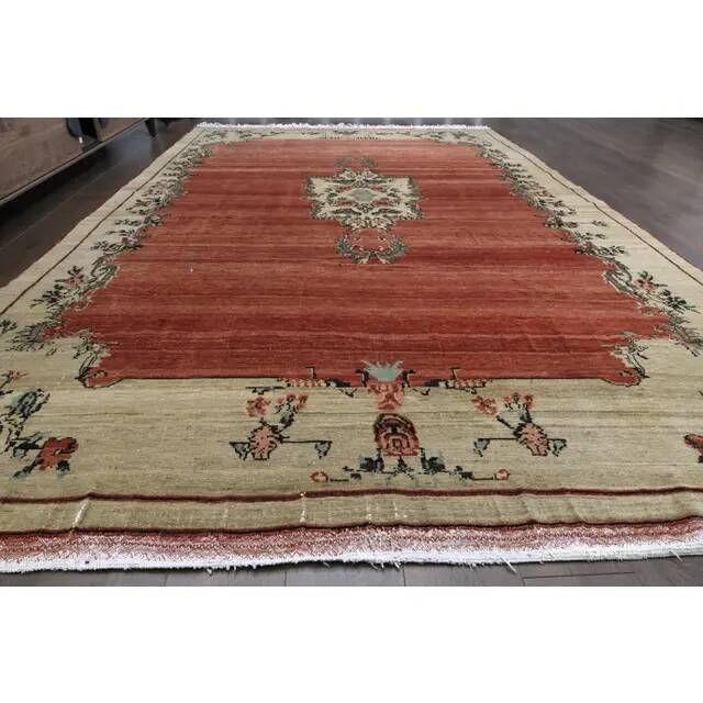 1970s Vintage Turkish Handmade Wool & Cotton Red Area Rug 239x363