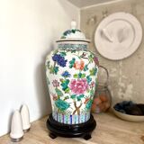 Chinese enamelled earthenware jar with wooden base