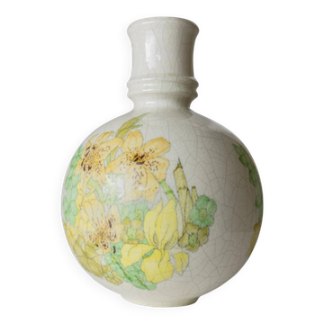Vintage ceramic vase from the 1960s, Ernestine (Italy), green and yellow floral decoration, crackled glaze.