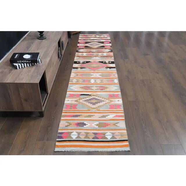Vintage Turkish Oushak Handmade Wool Cotton Pink Runner Rug 69x333