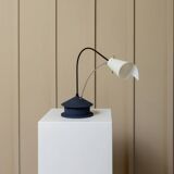 Vintage blue metal table lamp with adjustable chrome neck and white plastic origami shade, 1980s Italy