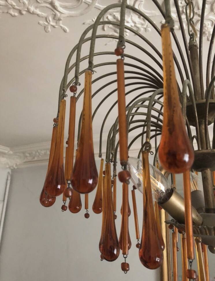 Vintage 1970s brass and Murano glass chandelier