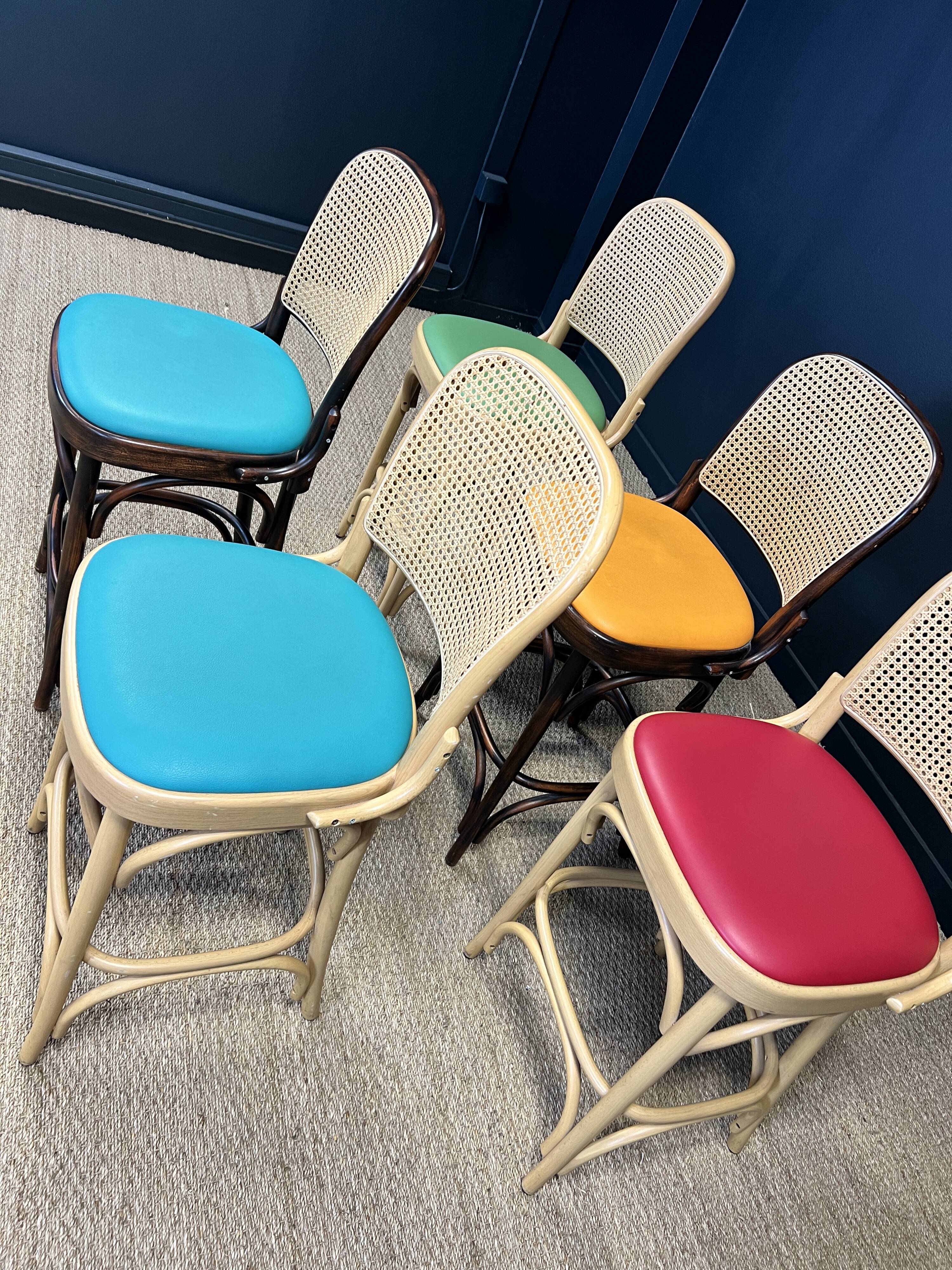 Set of 5 high chairs in light wood and dark wood with canework
