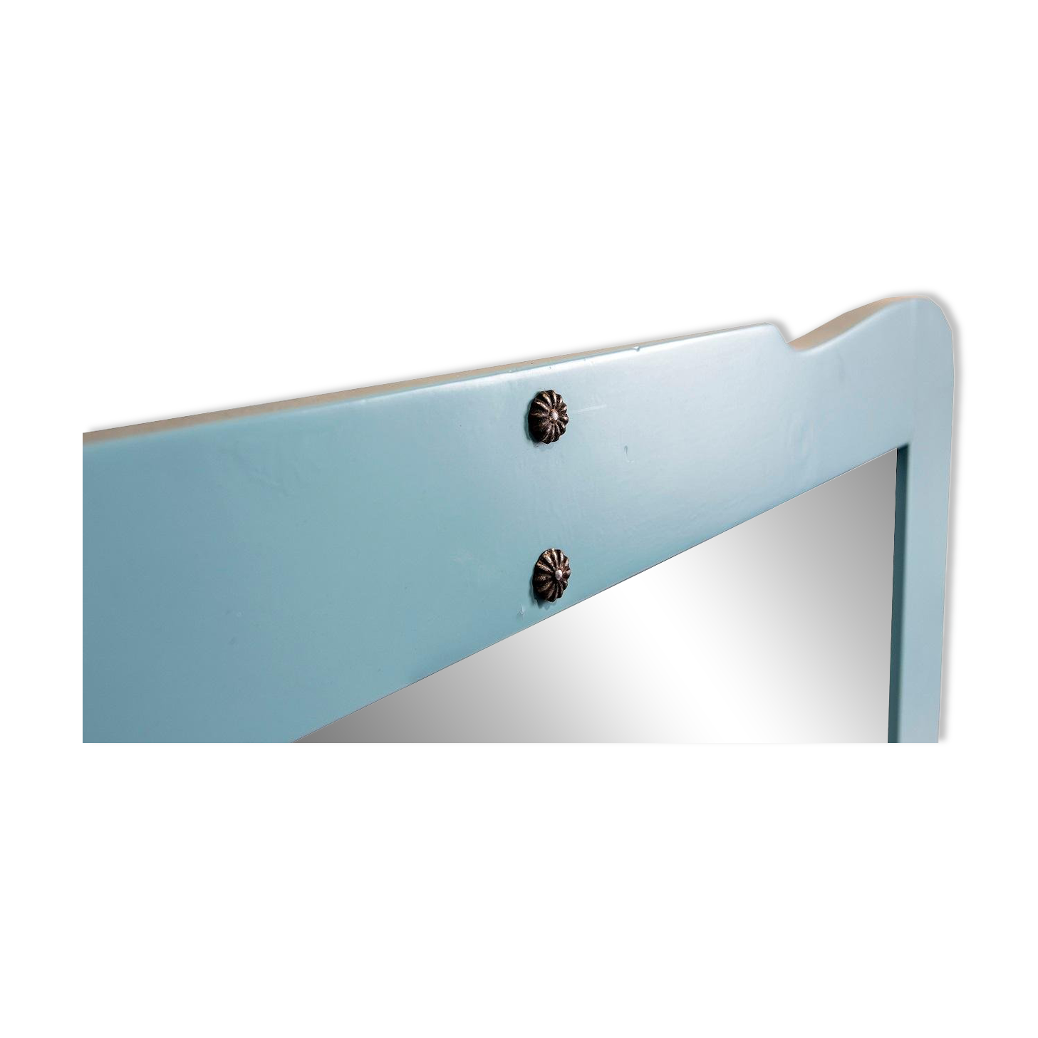 Large antique mirror with a solid wood frame painted turquoise and with red accents, mirror effect glass.