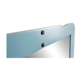 Large antique mirror with a solid wood frame painted turquoise and with red accents, mirror effect glass.