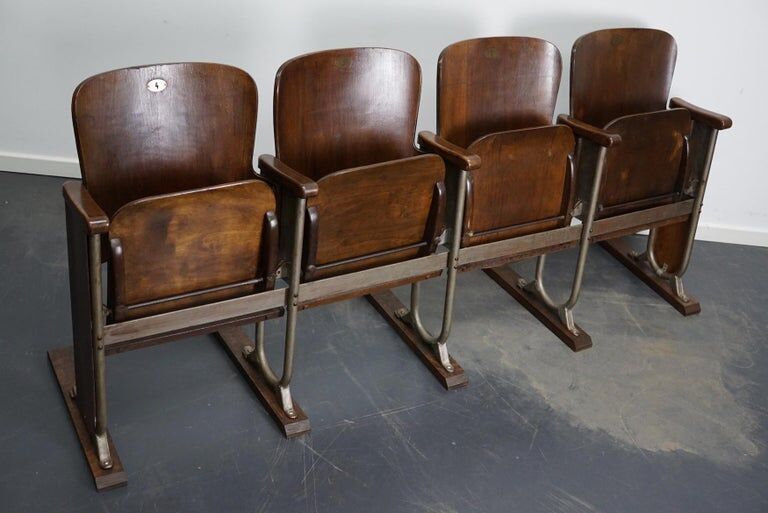 Vintage 4-seater cinema bench in metal and wood, Netherlands, 1930s