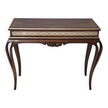 Rectangular Solid Walnut Console Table with Engraved Mirror Motif, Italy
