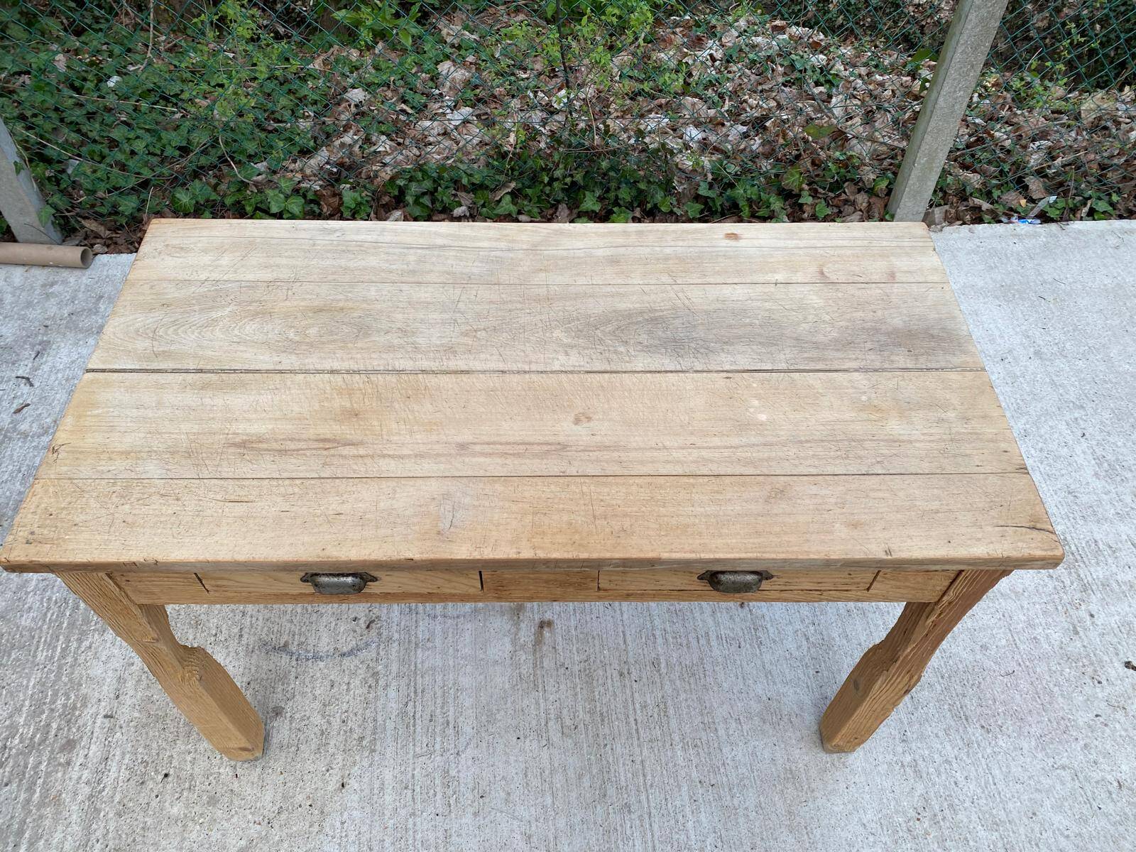 Renovated Parisian desk in raw solid wood with 2 drawers