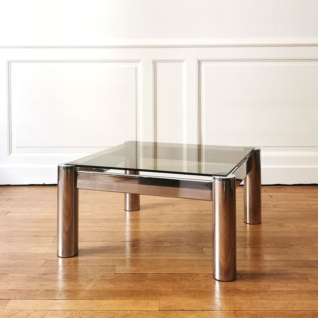 Square chrome and smoked glass coffee table, 1970