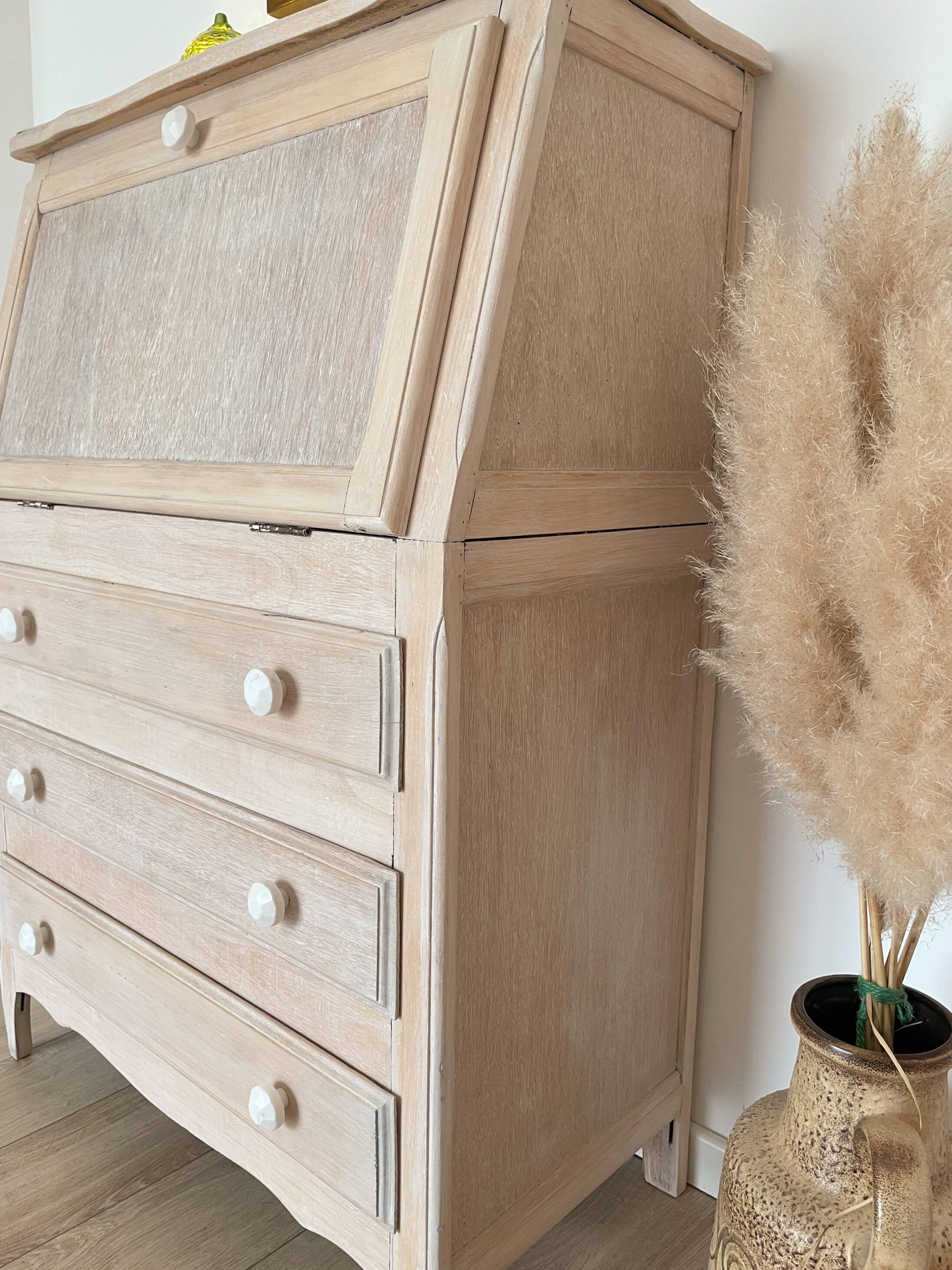 Antique donkey back secretary, white patina with a ceruse effect