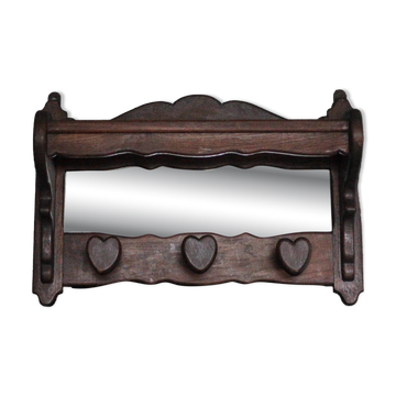 Solid wood coat rack with wall mirror, heart-shaped coat hooks