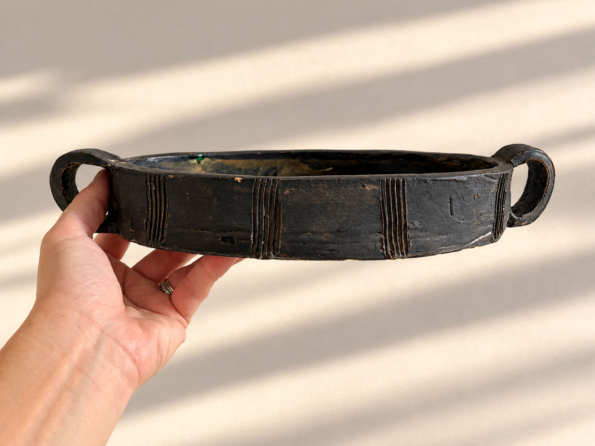 Oval bowl with two handles in glazed ceramic, 1970-71