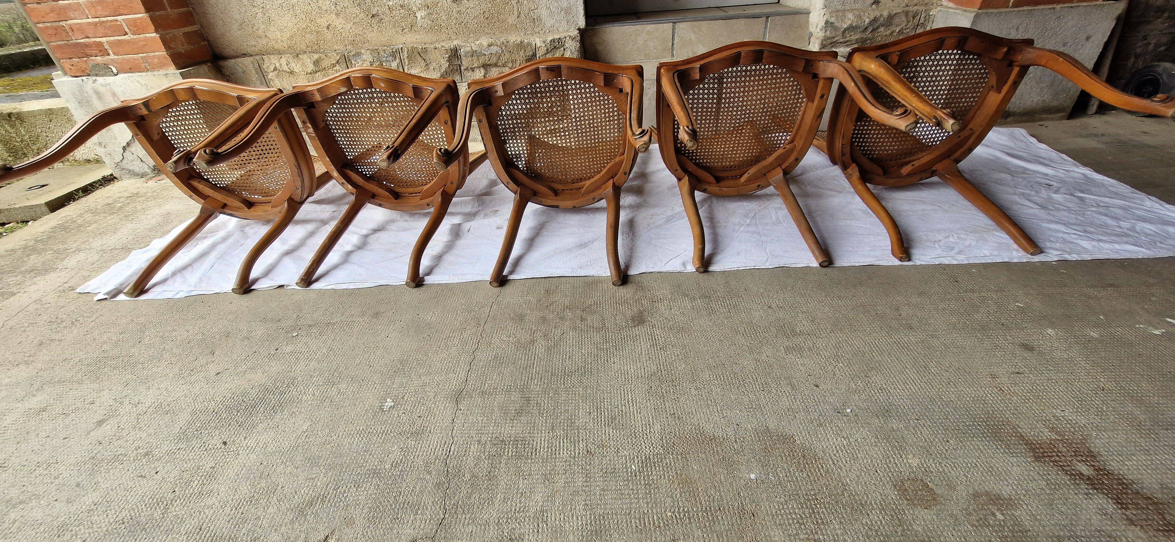 5 old cane-seated solid oak chairs.