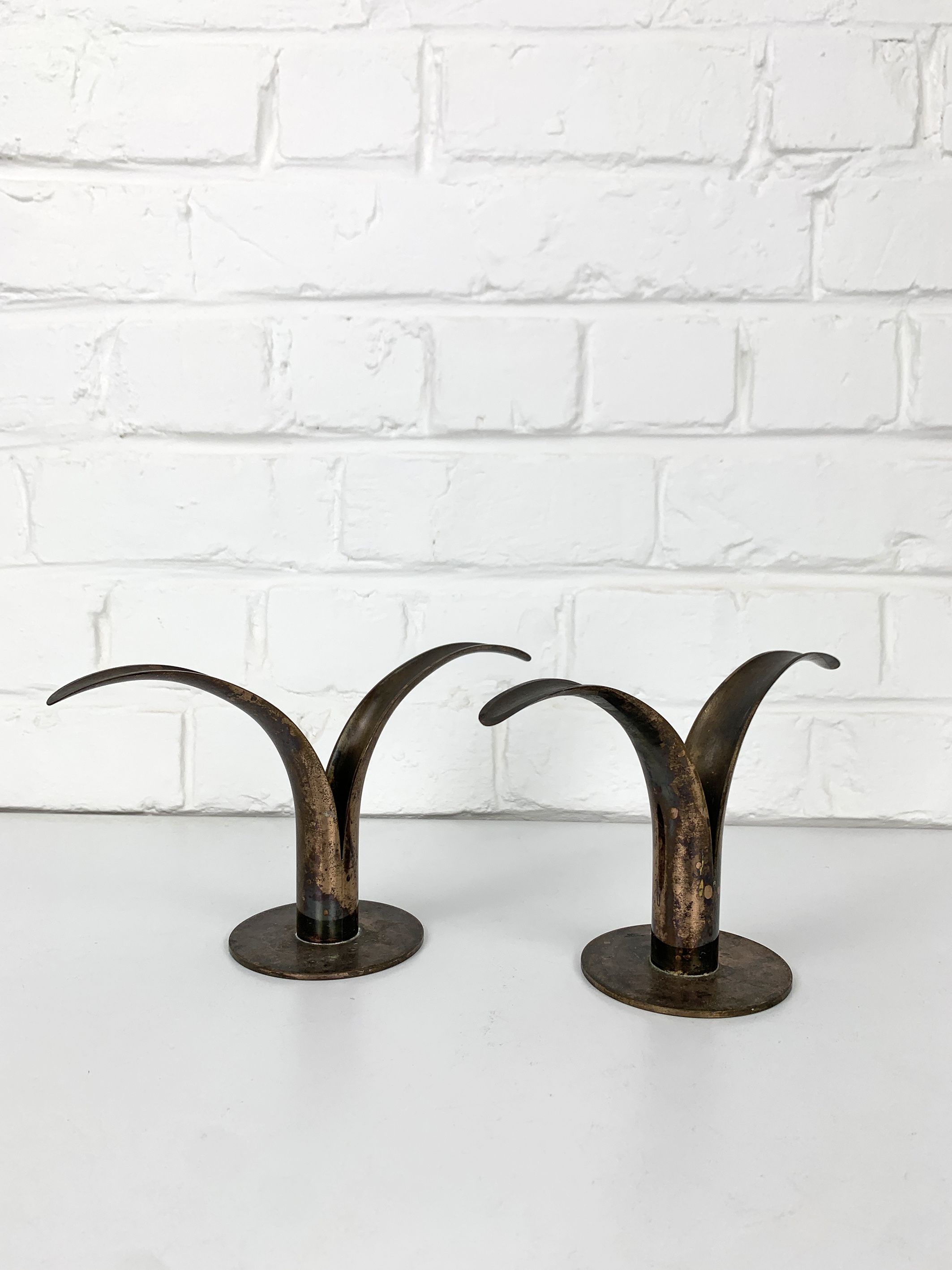 Pair of Lily brass candle holders, Ystad Metall, Sweden, design Ivar Ålenius Björk