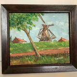 Small landscape painting of a mill, oil on panel, signed.