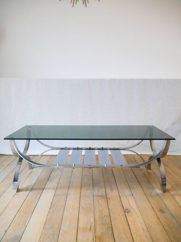 table basse rectangulaire en verre fumé et chrome double plateaux Design 1970