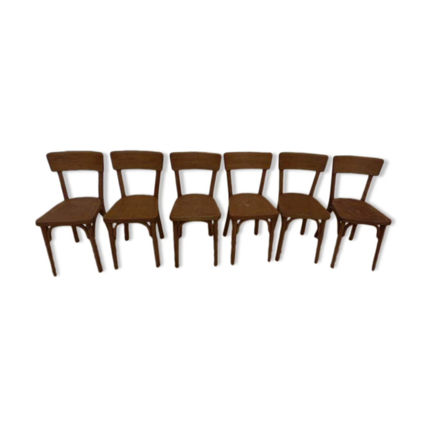 6 vintage Baumann wooden bistro chairs in their patina