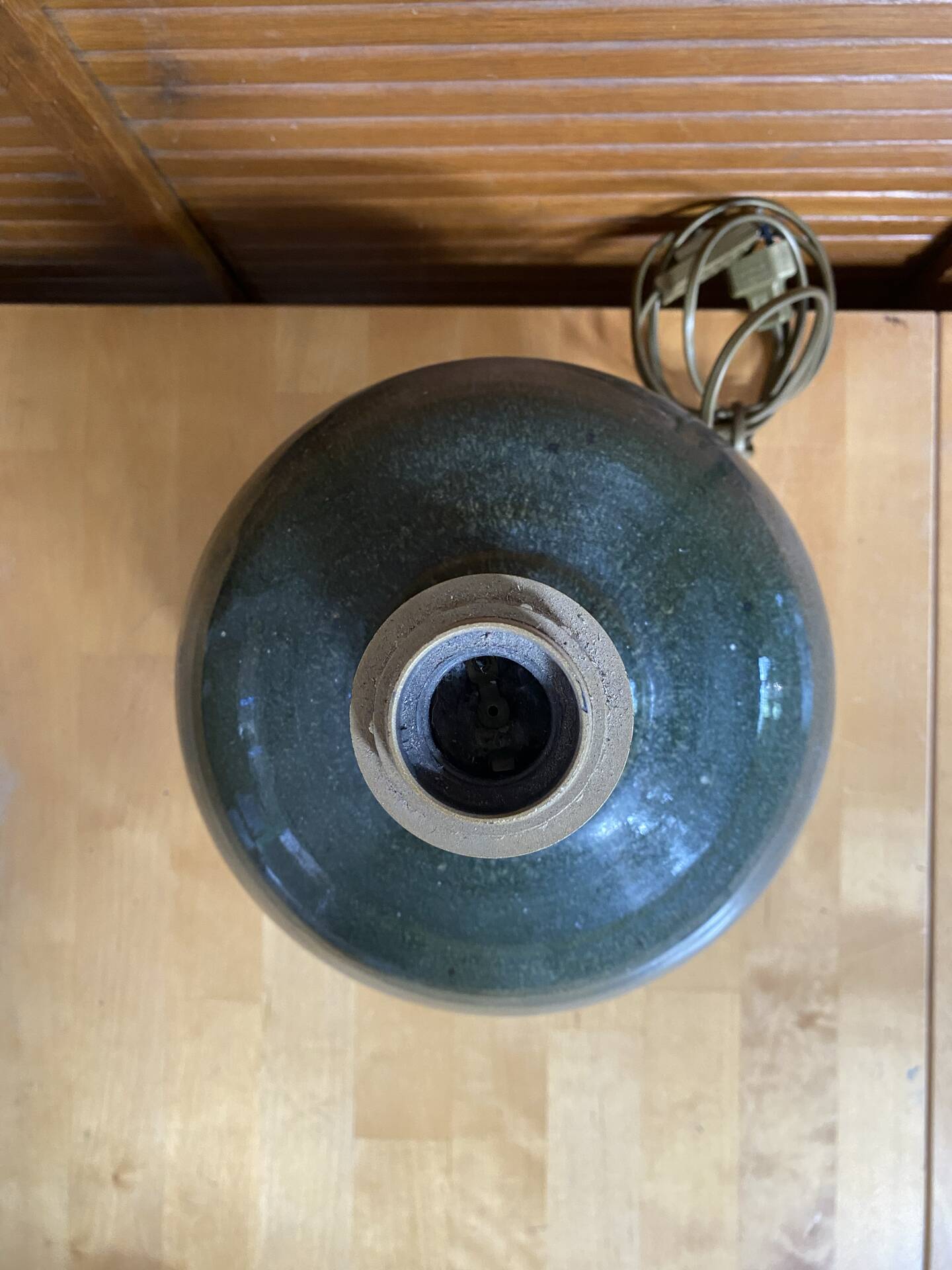 Pied de Lampe Ancien Boule Grès Émaillé Vert Nuancé Années 70 Vintage