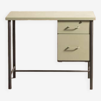 Small metal desk equipped with a box, completely restored in pistachio green