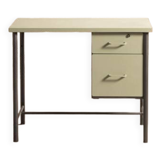 Small metal desk equipped with a box, completely restored in pistachio green