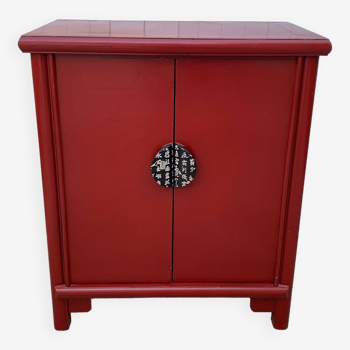 Red storage unit with 2 doors in solid wood, Chinese style, 1950