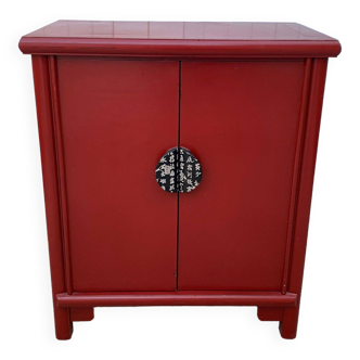 Red storage unit with 2 doors in solid wood, Chinese style, 1950