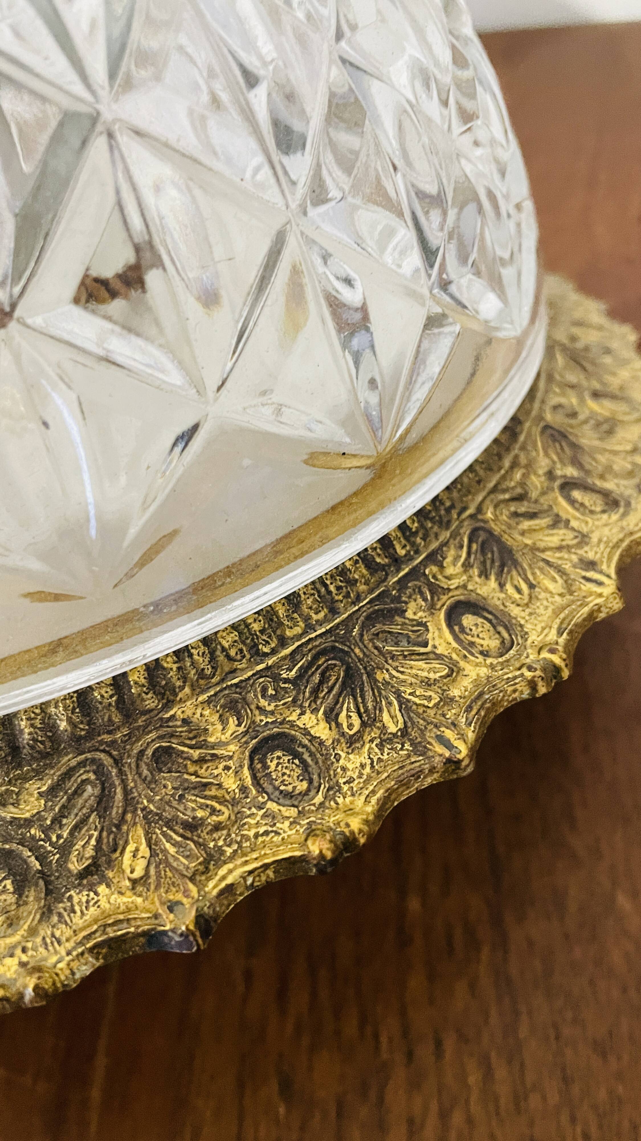 Cut crystal ceiling light with a brass frame