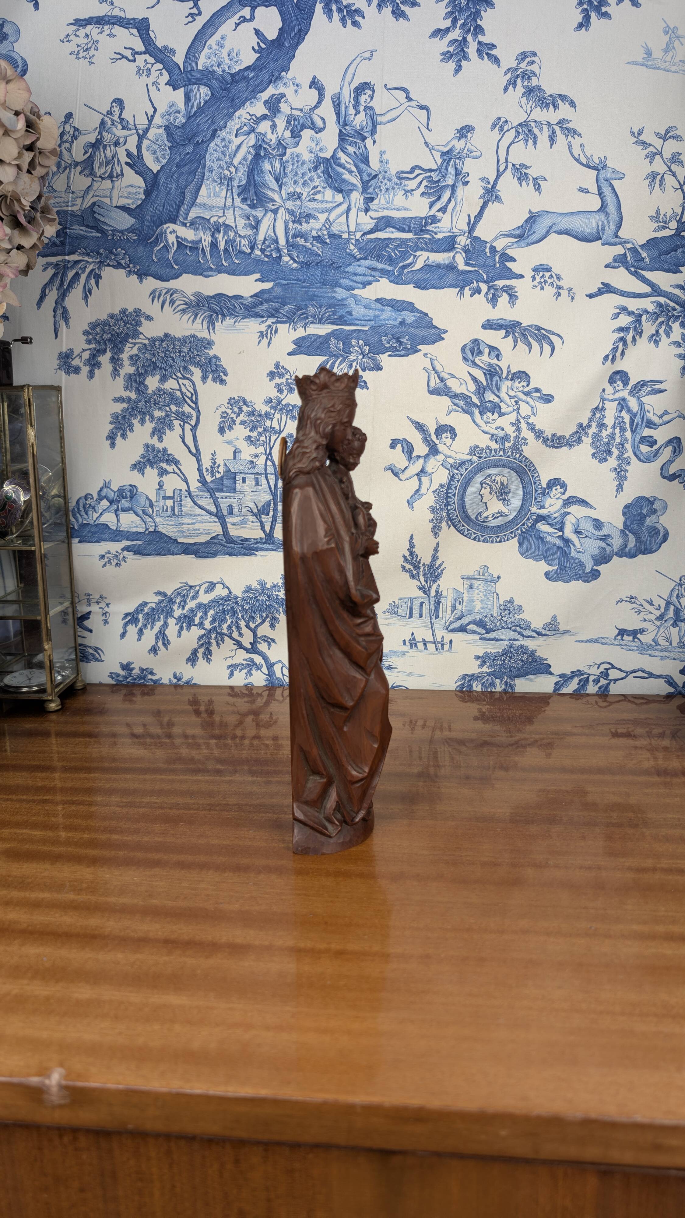 Virgin and Child in resin imitation patinated wood, Neo-Gothic style