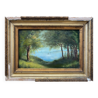 HSP 19th century Marine painting "Wooded seaside" signed Lucy + frame