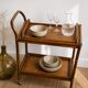 Vintage rolling dessert trolley in rattan and bamboo with removable tray from the 70s.