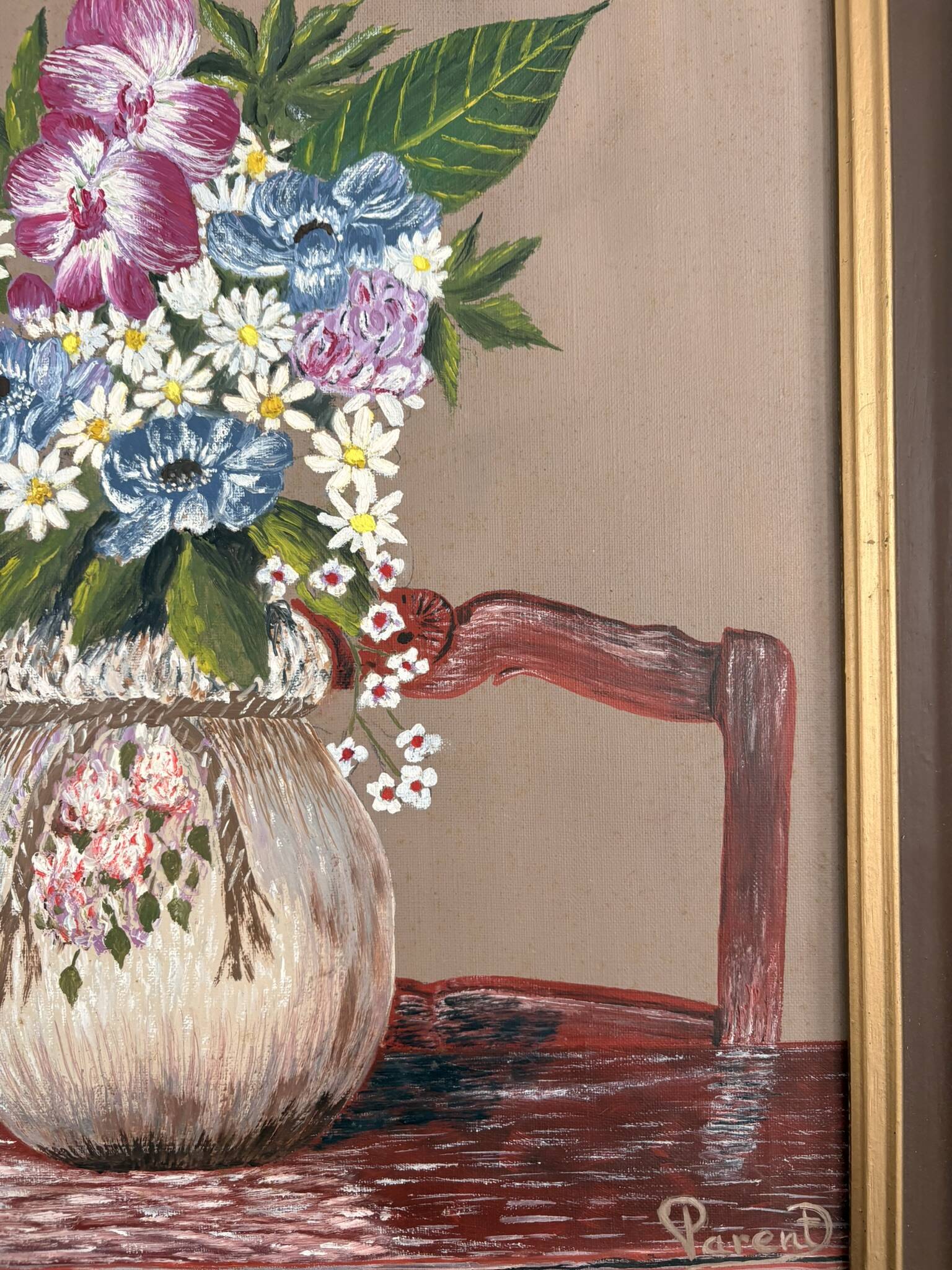 Old Oil Painting on Canvas Still Life Flower Bouquet Framed