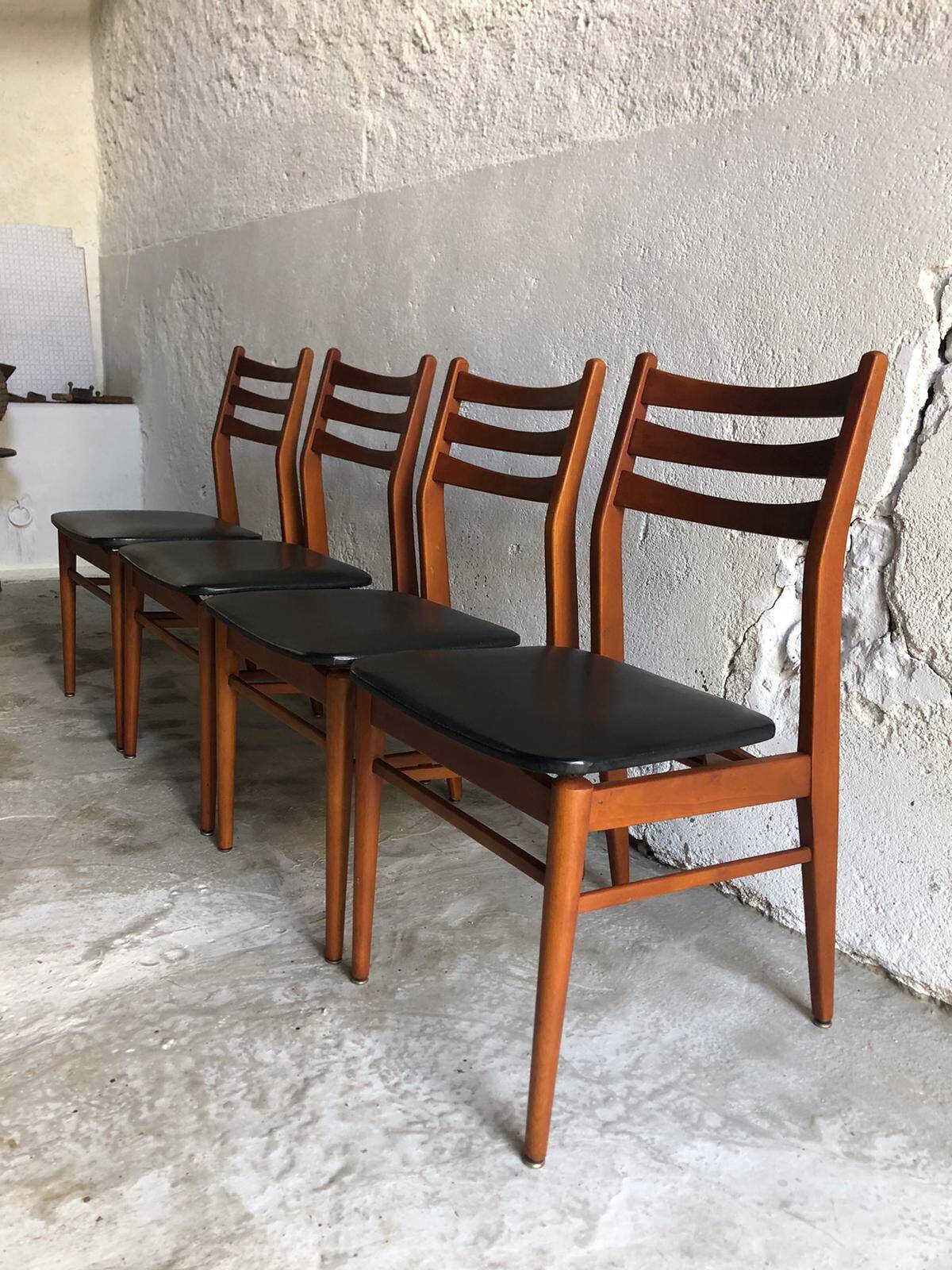 Set of 4 wooden and black imitation leather chairs, Scandinavian chair, wooden chair