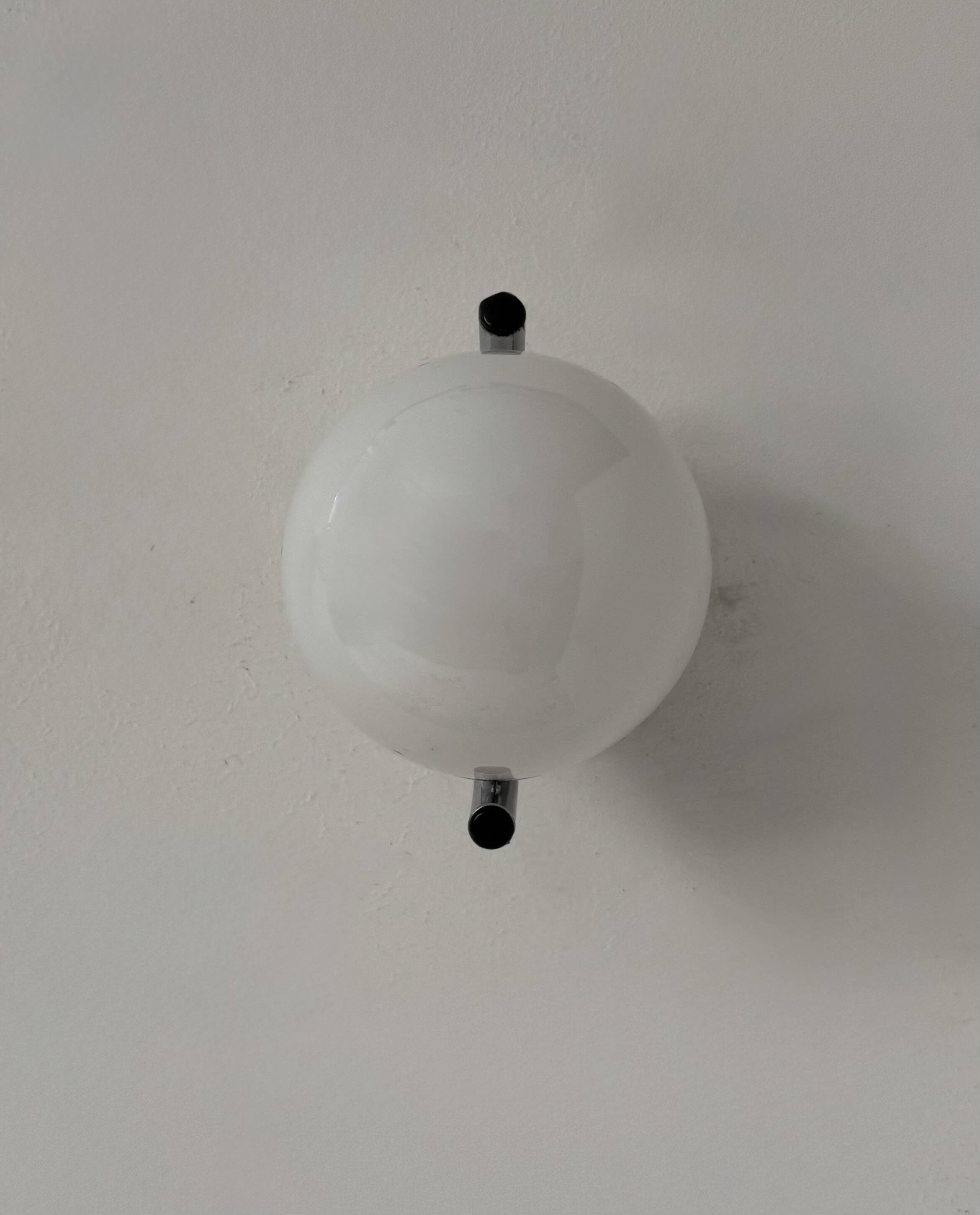 Pair of vintage wall lights, chromed metal and opaline glass, France, 1970