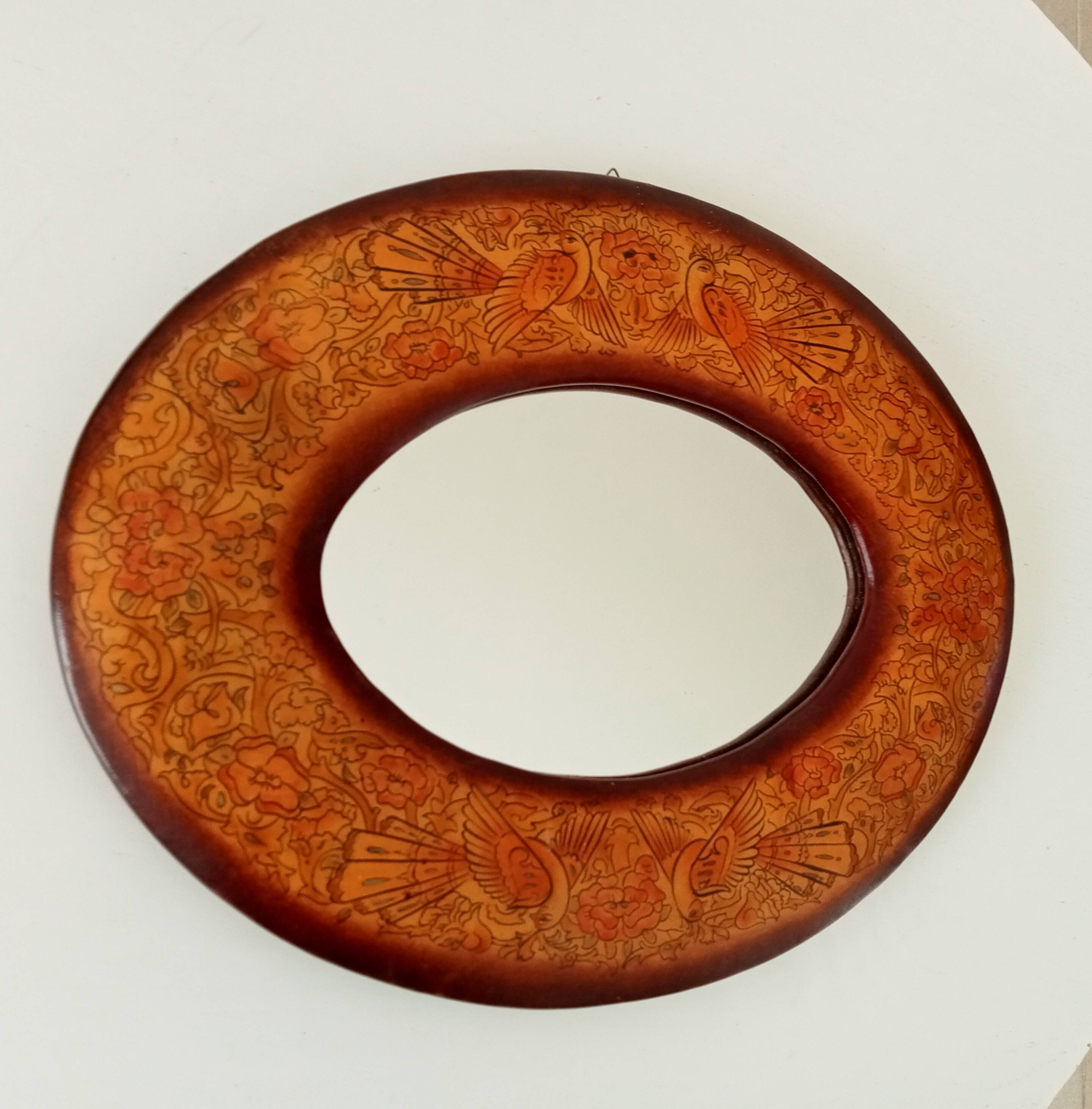 Vintage oval mirror in wood and leather from the 70s/80s 36.5*29.5