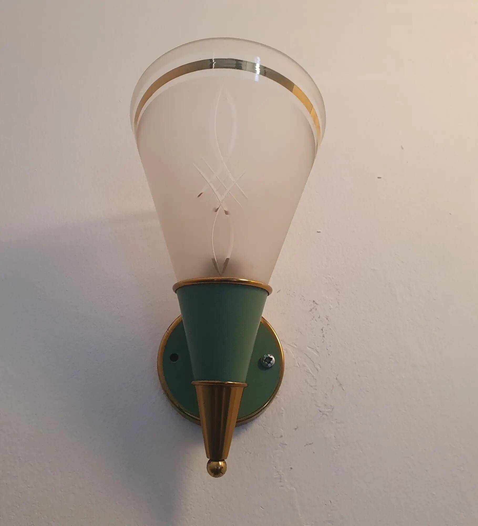 Green and gold conical wall lamp with opaline globe Art Deco