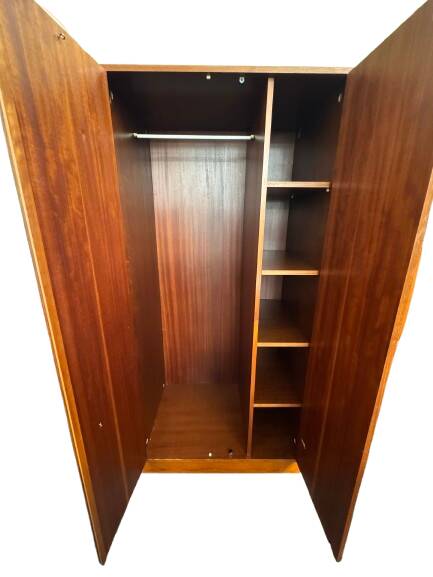 Teak 2-door wardrobe — hanging space + shelves — 1960s/70s