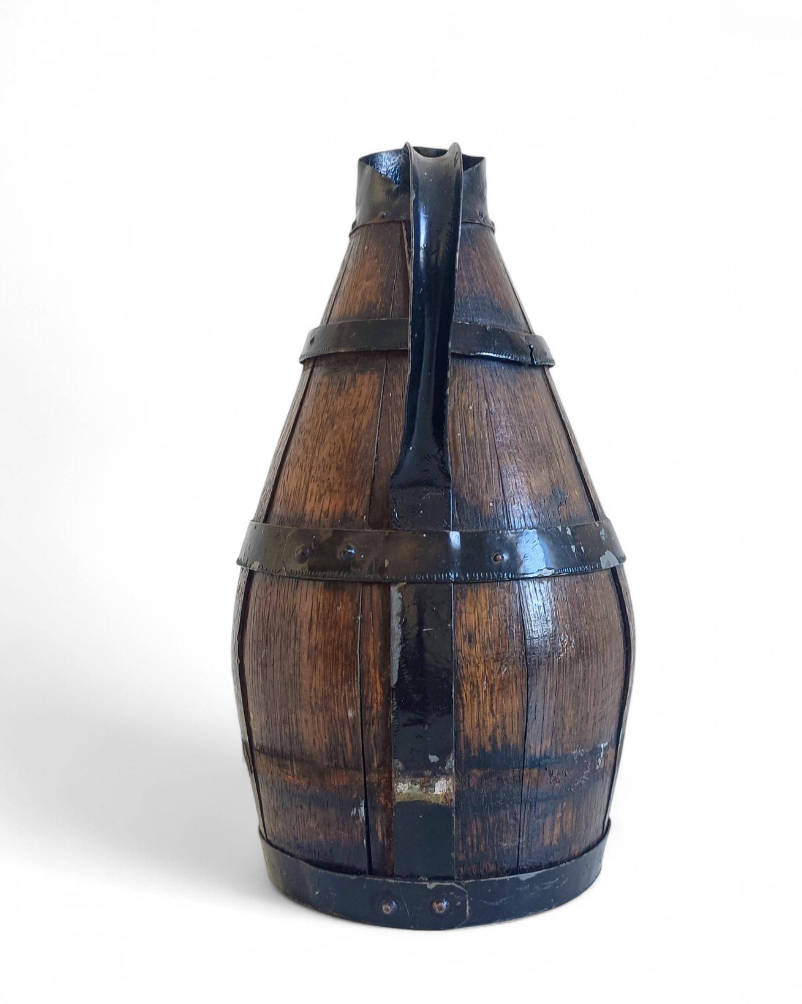 19th Century Rustic French Oak and Metal Hand-Crafted Pitcher